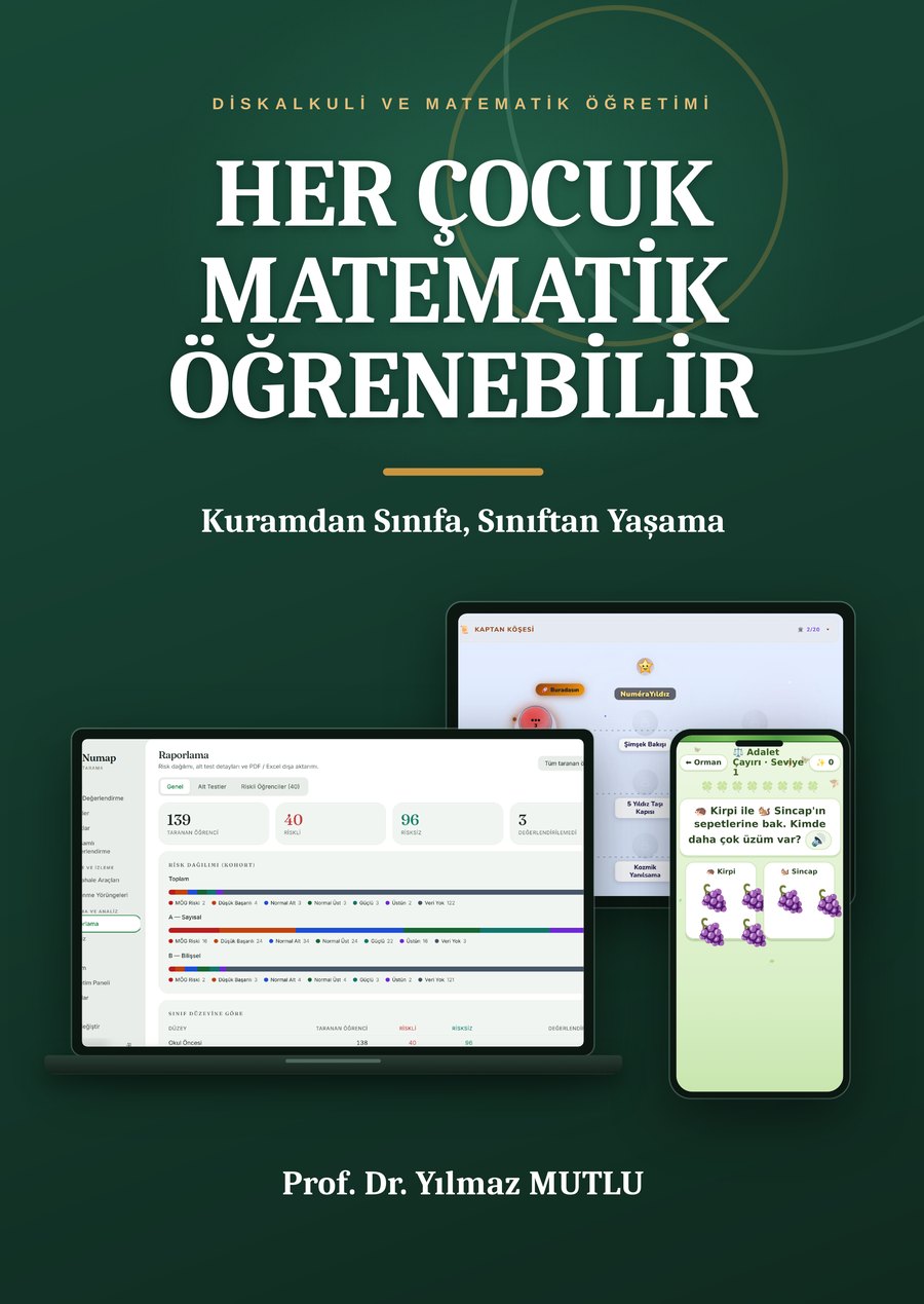 Her Çocuk Matematik Öğrenebilir kitabının ön kapağı: koyu yeşil zemin üzerinde beyaz başlık, altında Kuramdan Sınıfa, Sınıftan Yaşama alt başlığı ve NUMAP, Galaksay ile İyilik Ormanı ekran görüntüleri